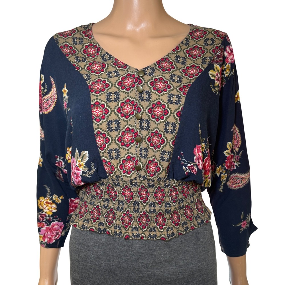 Gypsies & Moondust Floral Paisley Smocked Waist V Neck Blouse Size‎ S